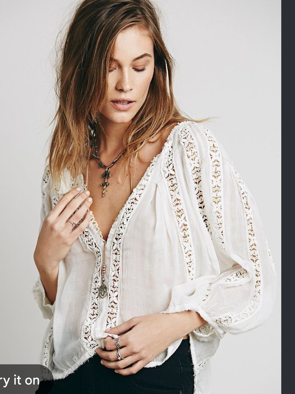 Free People Ivory Lace-Inset Peasant Blouse
